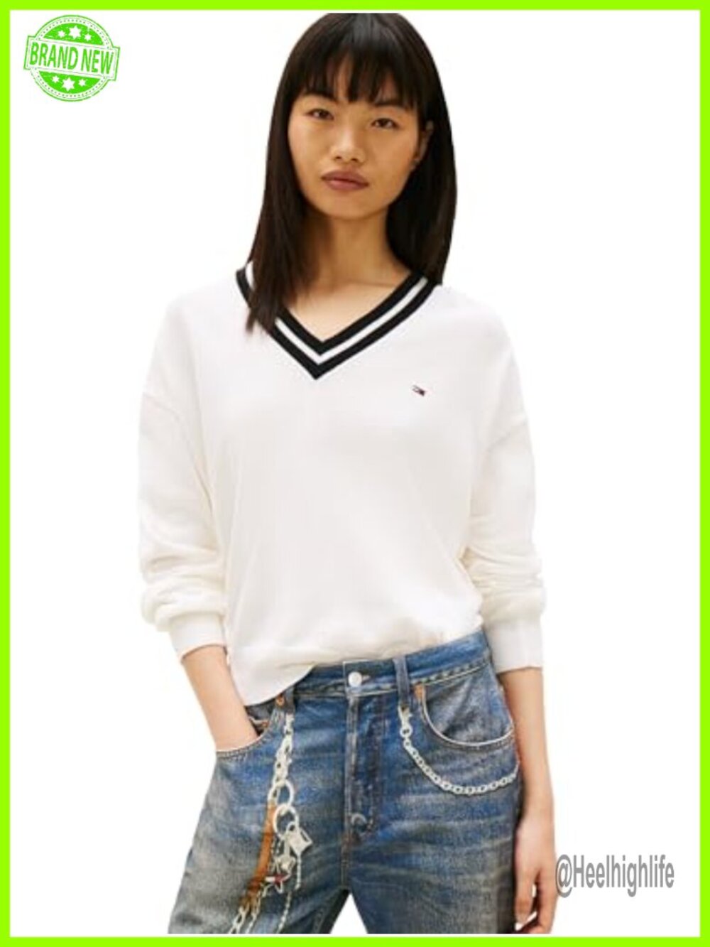 V-Neck Pullover Sweater Relaxed Fit Contrast Collar 100% Cotton